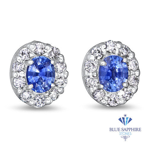 0.77ctw Oval Blue Sapphire Earrings with diamond halo in 14K White Gold