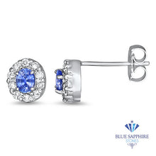 Load image into Gallery viewer, 0.77ctw Oval Blue Sapphire Earrings with diamond halo in 14K White Gold