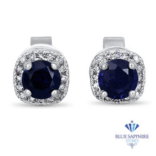 Load image into Gallery viewer, 0.77ctw Round Blue Sapphire Earrings with diamond halo in 18K White Gold