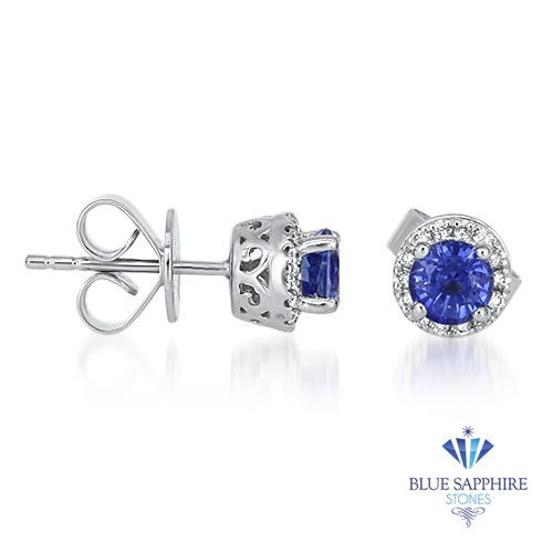 0.94ctw Round Blue Sapphire Earrings with diamond halo in 18K White Gold