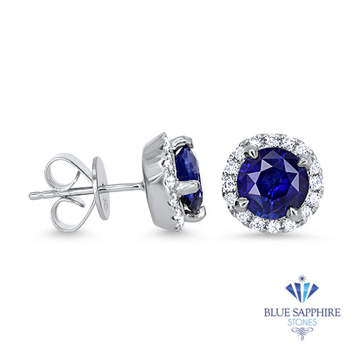 2.44ctw Round Blue Sapphire Earrings with diamond halo in 18K White Gold