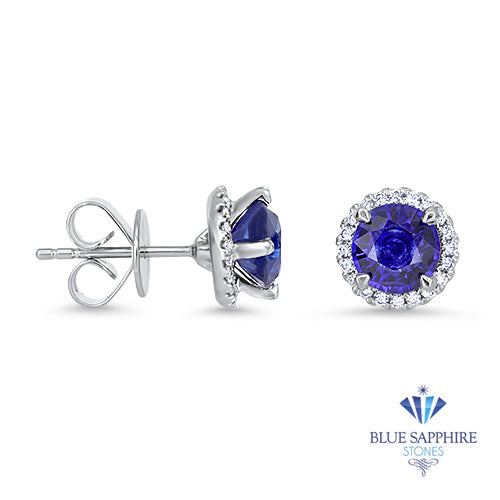 1.98ctw Round Blue Sapphire Earrings with diamond halo in 18K White Gold