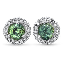 Load image into Gallery viewer, 1.25ctw Round Green Sapphire Earrings with diamond halo in 18K White Gold