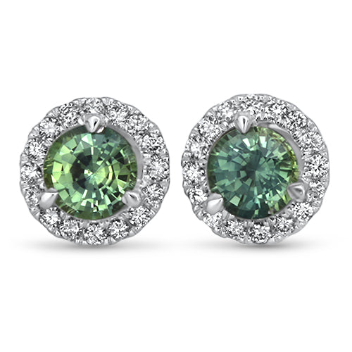 1.25ctw Round Green Sapphire Earrings with diamond halo in 18K White Gold