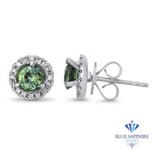 Load image into Gallery viewer, 1.25ctw Round Green Sapphire Earrings with diamond halo in 18K White Gold
