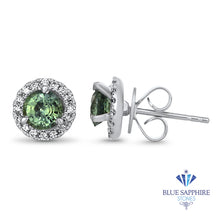 Load image into Gallery viewer, 1.25ctw Round Green Sapphire Earrings with diamond halo in 18K White Gold