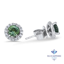 Load image into Gallery viewer, 1.25ctw Round Green Sapphire Earrings with diamond halo in 18K White Gold
