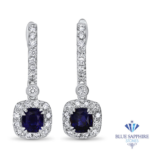 1.73ctw Round Blue Sapphire Earrings with diamond halo in 18K White Gold