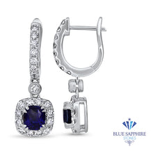 Load image into Gallery viewer, 1.73ctw Round Blue Sapphire Earrings with diamond halo in 18K White Gold