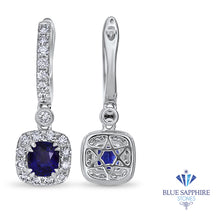 Load image into Gallery viewer, 1.73ctw Round Blue Sapphire Earrings with diamond halo in 18K White Gold