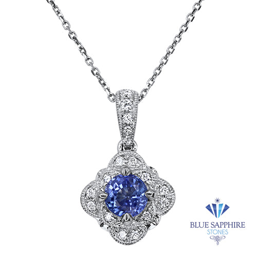 0.50ct Round Blue Sapphire Pendant with Diamond Halo in 18K White Gold