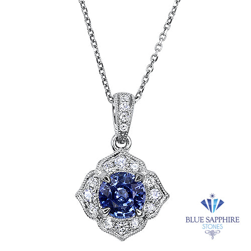 0.67ct Round Blue Sapphire Pendant with Diamond Halo in 18K White Gold
