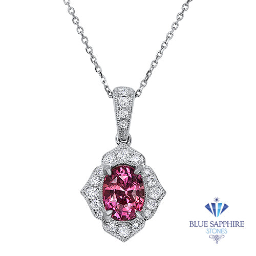 1.04ct Oval Pink Sapphire Pendant with Diamond Halo in 18K White Gold