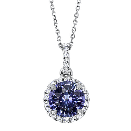 1.14ct Round Blue Sapphire Pendant with Diamond Halo in 18K White Gold