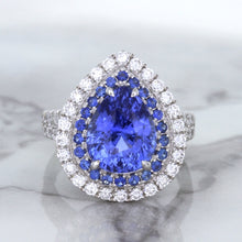 Load image into Gallery viewer, 6.08ct Pear Shaped Blue Sapphire Ring with Sapphire and Diamond halo in 18K White Gold