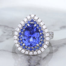 Load image into Gallery viewer, 6.08ct Pear Shaped Blue Sapphire Ring with Sapphire and Diamond halo in 18K White Gold
