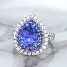 Load image into Gallery viewer, 6.08ct Pear Shaped Blue Sapphire Ring with Sapphire and Diamond halo in 18K White Gold