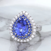 Load image into Gallery viewer, 6.08ct Pear Shaped Blue Sapphire Ring with Sapphire and Diamond halo in 18K White Gold
