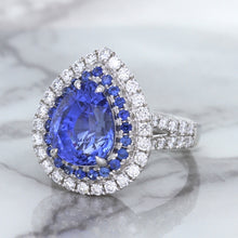 Load image into Gallery viewer, 6.08ct Pear Shaped Blue Sapphire Ring with Sapphire and Diamond halo in 18K White Gold