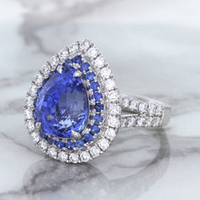 Load image into Gallery viewer, 6.08ct Pear Shaped Blue Sapphire Ring with Sapphire and Diamond halo in 18K White Gold