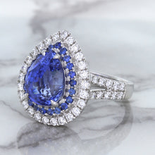 Load image into Gallery viewer, 6.08ct Pear Shaped Blue Sapphire Ring with Sapphire and Diamond halo in 18K White Gold