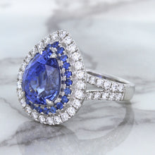 Load image into Gallery viewer, 6.08ct Pear Shaped Blue Sapphire Ring with Sapphire and Diamond halo in 18K White Gold