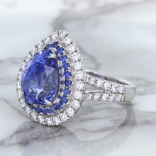 Load image into Gallery viewer, 6.08ct Pear Shaped Blue Sapphire Ring with Sapphire and Diamond halo in 18K White Gold