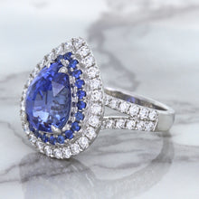 Load image into Gallery viewer, 6.08ct Pear Shaped Blue Sapphire Ring with Sapphire and Diamond halo in 18K White Gold