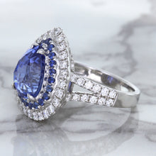 Load image into Gallery viewer, 6.08ct Pear Shaped Blue Sapphire Ring with Sapphire and Diamond halo in 18K White Gold