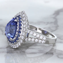Load image into Gallery viewer, 6.08ct Pear Shaped Blue Sapphire Ring with Sapphire and Diamond halo in 18K White Gold