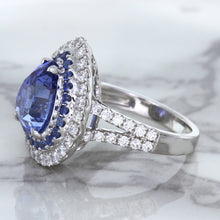 Load image into Gallery viewer, 6.08ct Pear Shaped Blue Sapphire Ring with Sapphire and Diamond halo in 18K White Gold