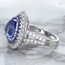 Load image into Gallery viewer, 6.08ct Pear Shaped Blue Sapphire Ring with Sapphire and Diamond halo in 18K White Gold
