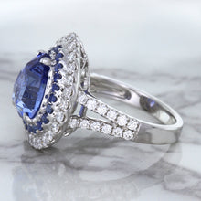 Load image into Gallery viewer, 6.08ct Pear Shaped Blue Sapphire Ring with Sapphire and Diamond halo in 18K White Gold