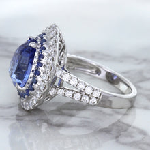 Load image into Gallery viewer, 6.08ct Pear Shaped Blue Sapphire Ring with Sapphire and Diamond halo in 18K White Gold