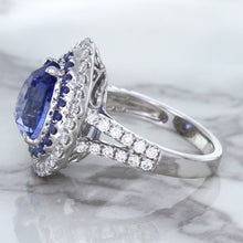 Load image into Gallery viewer, 6.08ct Pear Shaped Blue Sapphire Ring with Sapphire and Diamond halo in 18K White Gold