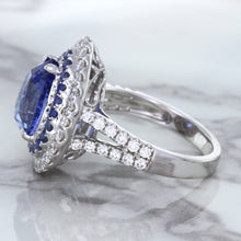 Load image into Gallery viewer, 6.08ct Pear Shaped Blue Sapphire Ring with Sapphire and Diamond halo in 18K White Gold