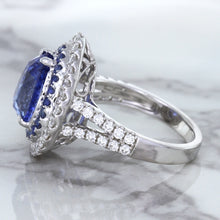 Load image into Gallery viewer, 6.08ct Pear Shaped Blue Sapphire Ring with Sapphire and Diamond halo in 18K White Gold