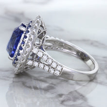 Load image into Gallery viewer, 6.08ct Pear Shaped Blue Sapphire Ring with Sapphire and Diamond halo in 18K White Gold