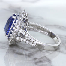 Load image into Gallery viewer, 6.08ct Pear Shaped Blue Sapphire Ring with Sapphire and Diamond halo in 18K White Gold