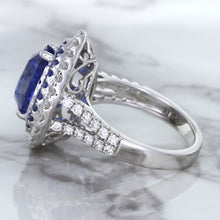 Load image into Gallery viewer, 6.08ct Pear Shaped Blue Sapphire Ring with Sapphire and Diamond halo in 18K White Gold