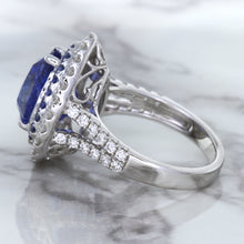 Load image into Gallery viewer, 6.08ct Pear Shaped Blue Sapphire Ring with Sapphire and Diamond halo in 18K White Gold