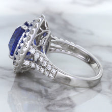 Load image into Gallery viewer, 6.08ct Pear Shaped Blue Sapphire Ring with Sapphire and Diamond halo in 18K White Gold