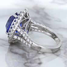 Load image into Gallery viewer, 6.08ct Pear Shaped Blue Sapphire Ring with Sapphire and Diamond halo in 18K White Gold