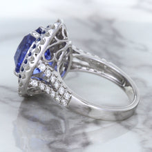Load image into Gallery viewer, 6.08ct Pear Shaped Blue Sapphire Ring with Sapphire and Diamond halo in 18K White Gold