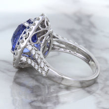 Load image into Gallery viewer, 6.08ct Pear Shaped Blue Sapphire Ring with Sapphire and Diamond halo in 18K White Gold