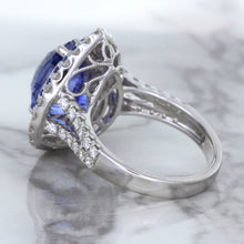 Load image into Gallery viewer, 6.08ct Pear Shaped Blue Sapphire Ring with Sapphire and Diamond halo in 18K White Gold