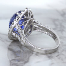 Load image into Gallery viewer, 6.08ct Pear Shaped Blue Sapphire Ring with Sapphire and Diamond halo in 18K White Gold