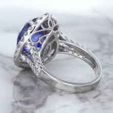 Load image into Gallery viewer, 6.08ct Pear Shaped Blue Sapphire Ring with Sapphire and Diamond halo in 18K White Gold