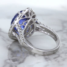 Load image into Gallery viewer, 6.08ct Pear Shaped Blue Sapphire Ring with Sapphire and Diamond halo in 18K White Gold