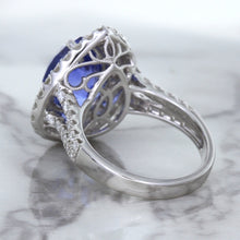 Load image into Gallery viewer, 6.08ct Pear Shaped Blue Sapphire Ring with Sapphire and Diamond halo in 18K White Gold